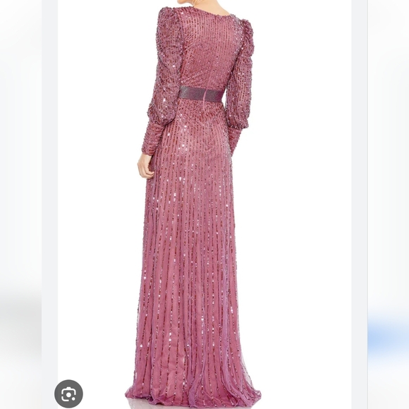 Mac Duggal Size 14 Mauve Sequined Wrap Over Bishop Sleeve Gown, NEW - Picture 3 of 3